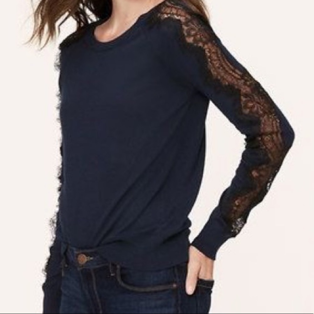 LOFT Blue Sweater with Black Lace Sleeve, sz M